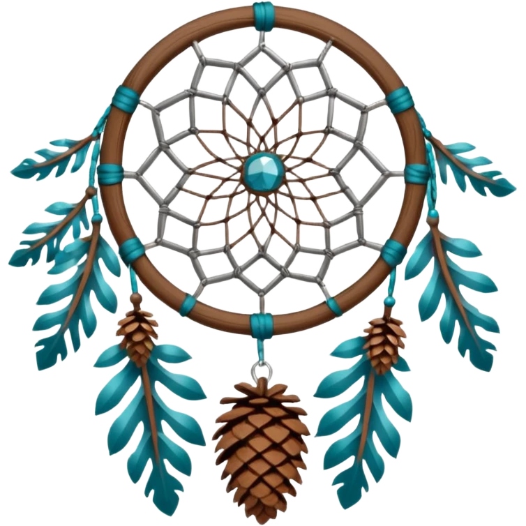 Winter-themed snow-covered spruce pine wooden pinecones and nuts dreamcatcher with white feathers, silvery chains and teal leaves emoji