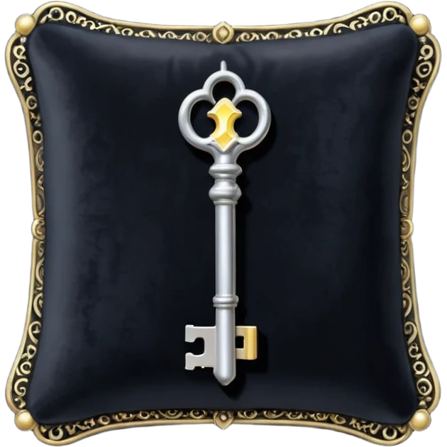 A Discord emoji of a black velvet cushion holding a glowing silver key. Ornate, royal gothic style, simple and clean for small scale, white background. emoji