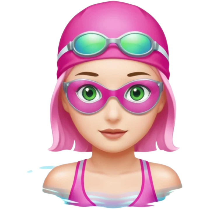 pretty girl with green eyes pink swim cap holographic swimming glasses and cute profesional swimmer pink swimsuit without her hair visible swimming emoji