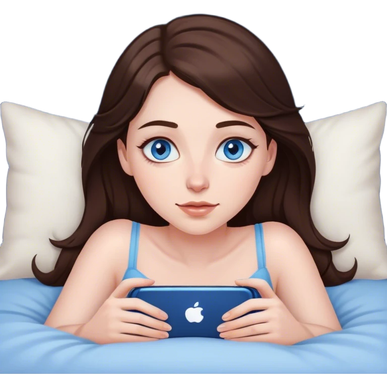 Brunett white girl with blue eyes, laying on stomach  In bed at night , using her iPhone emoji