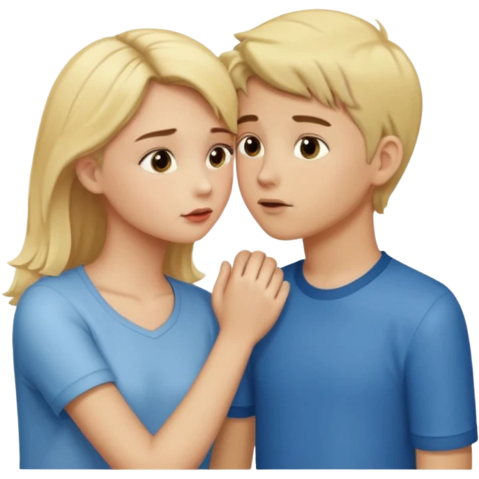 iOS emoji style, girl holding hands with one boy while kissing another boy, one boy blond, the other brunet, subtle suspicious expression emoji