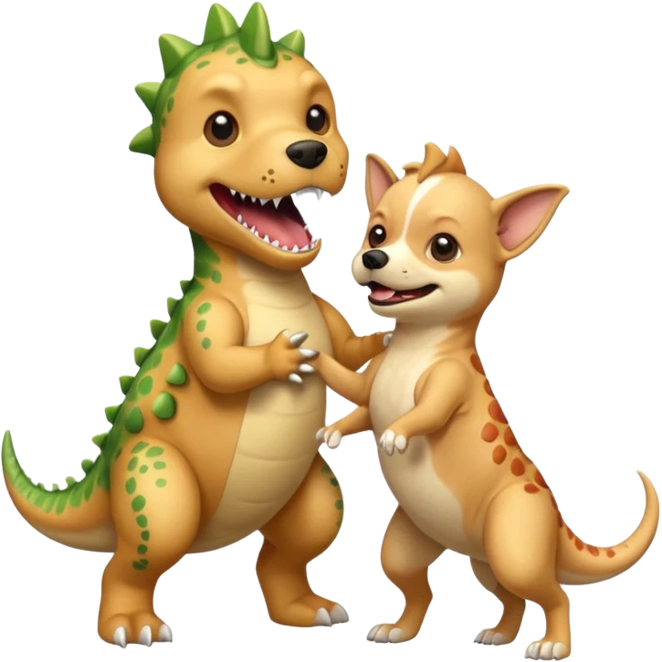 a golden retriever with a dinosaur costume thats killing a chihuahua thats in a dinosuar costume emoji