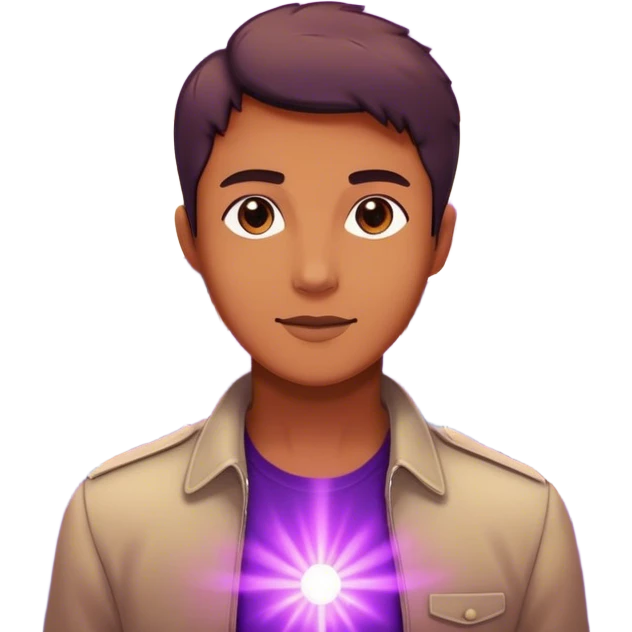 A charismatic person glowing in center of a room, radiating a violet warm bright aura glow, he is attracted with a lot of people around emoji
