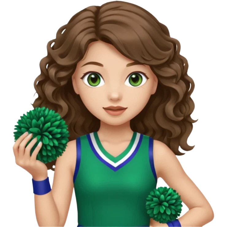 A pretty girl, her eyes is blue, her hair is brown long wavy hair, and wear green Hawkins cheerleader no sleeve uniform and hold pompom emoji