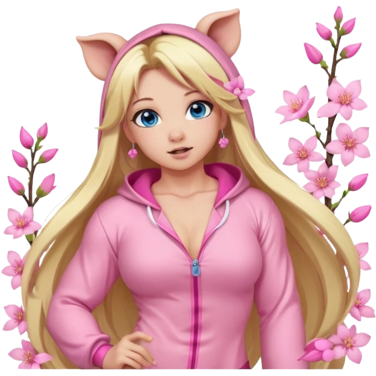 sexy and muscled, full body, in pink kegurumi pijamas, pig hood, sexy woman, long blond hair, beautiful blue eyes, makeup, earrings, muscled, surrounded by pink flowers and sakura petals emoji