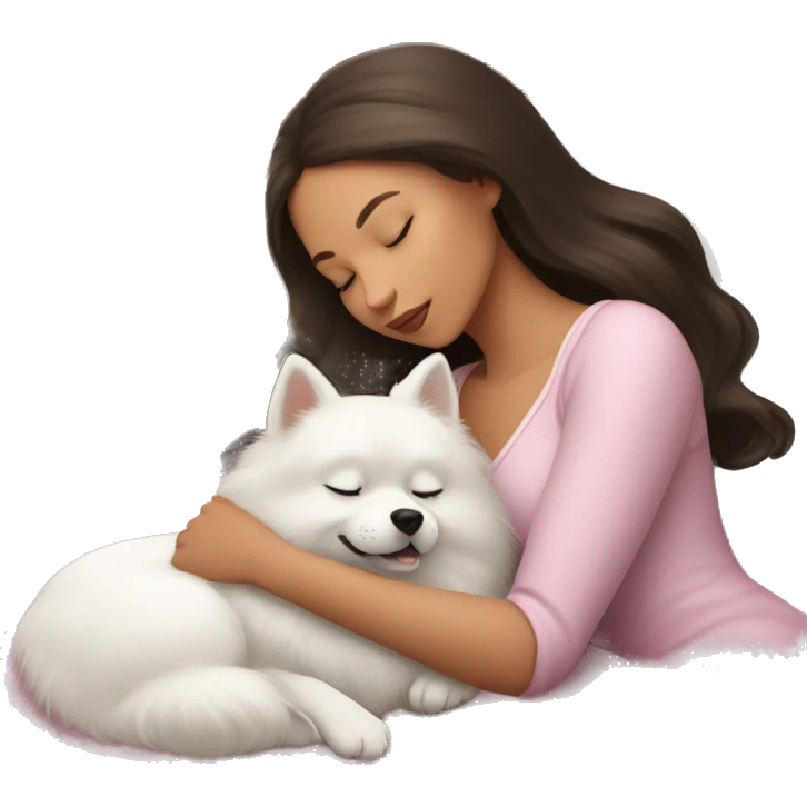 brunette Sleeping beauty girl with white pomeranian emoji