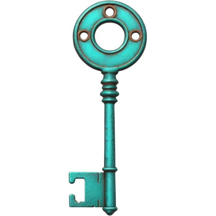 3D render of Vintage Key, heavily oxidized copper texture, verdigris patina, Ornate key fully turned teal, weathered bronze aesthetic, ancient decay, emoji style, isolated on white background --v 6.0. emoji