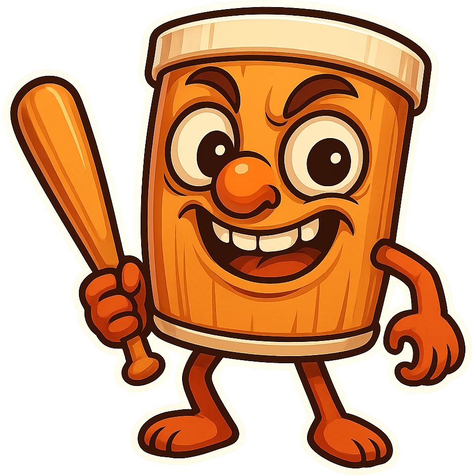 square image of absurd wooden stick-man creature, drum-like cylindrical body, holding baseball bat, cartoon style, bright vivid colors, expressive face, dynamic pose, a bit creepy yet funny,  emoji