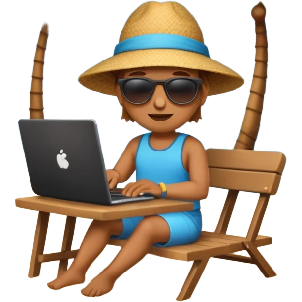 A gender-neutral emoji-style character (🧑‍💻) sitting at a small table with a laptop on the beach, palm tree and sea behind emoji