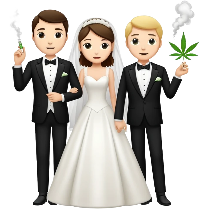 A bride in white wedding dress and groom in tuxedo, full body, smoking cannabis together emoji