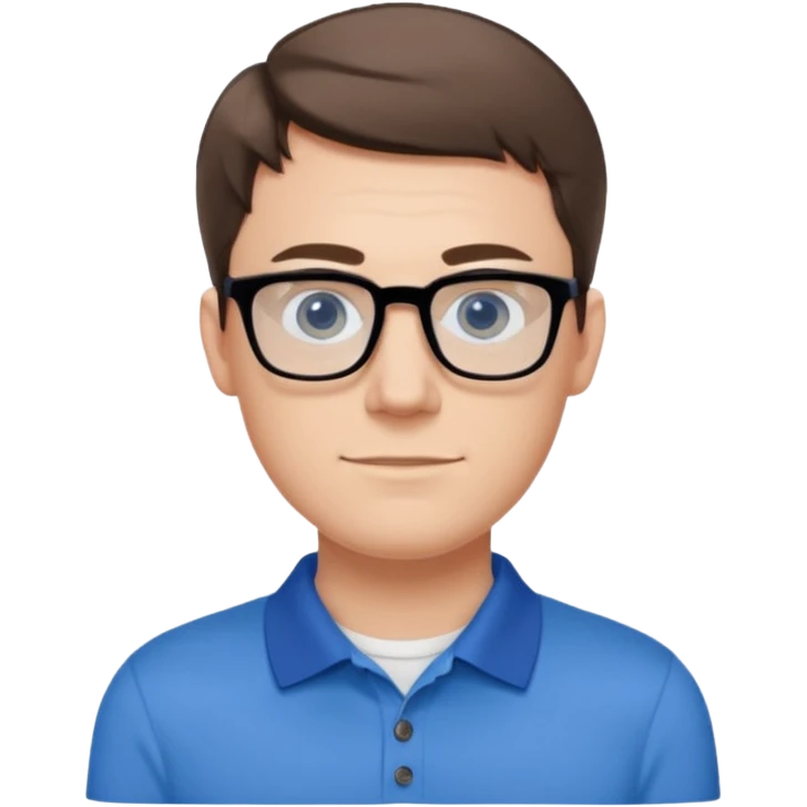 Scott The WozYoung white man, late 20s, short brown hair, blue eyes, clean-shaven, thin black rectangular glasses, slim build, wearing a blue polo shirt, friendly and energetic look. emoji