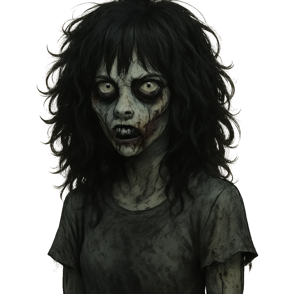 spooky zombie girl, black curly medium-long hair, emo and shaggy, dark, creepy expression emoji