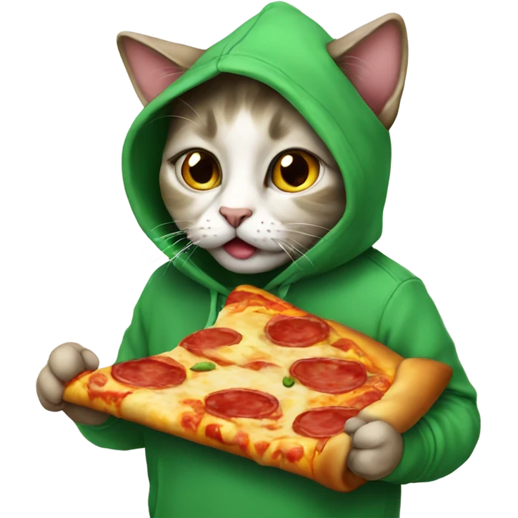 Cat wearing hoodie eating a pizza emoji