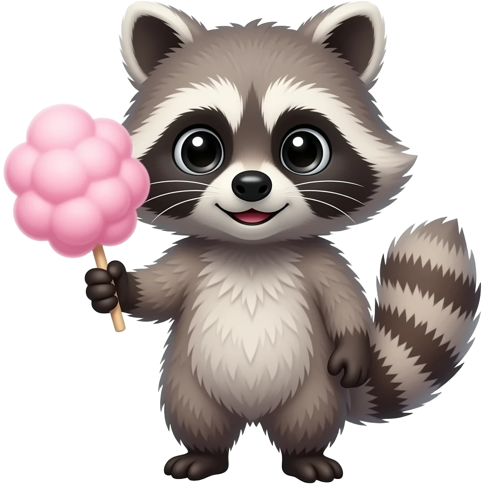 A cute, fluffy raccoon holding a big pink puff of cotton candy, emoji style emoji