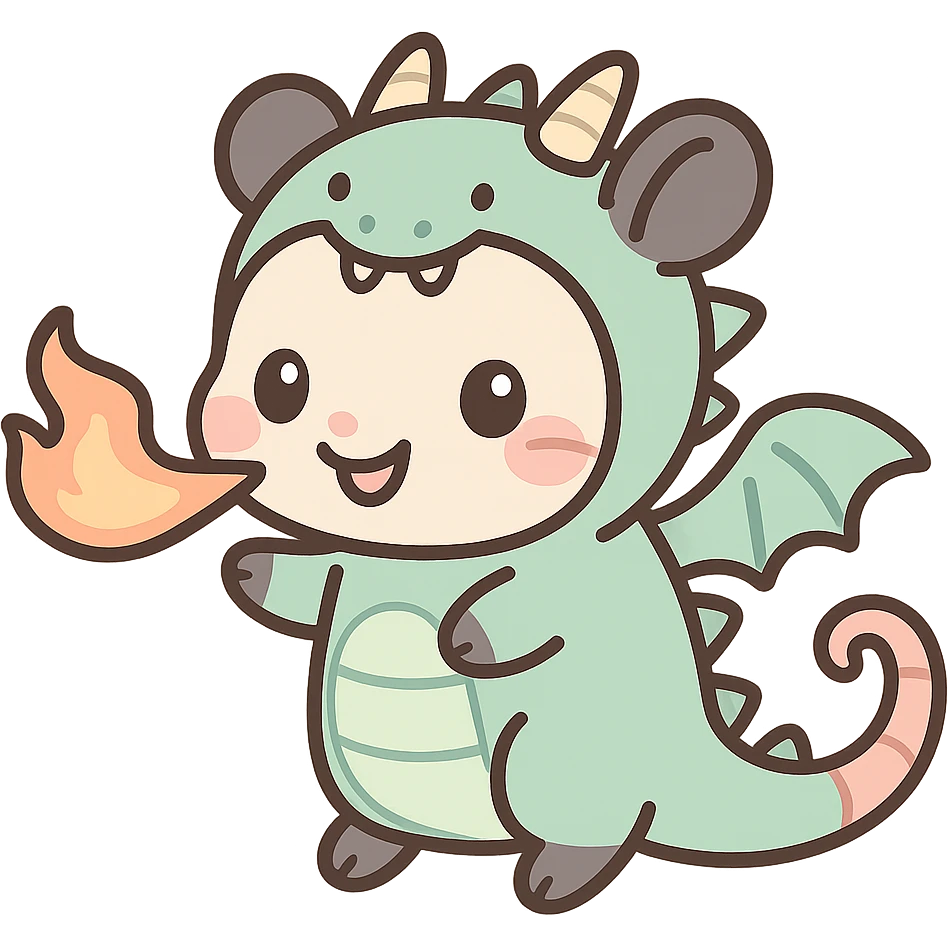 cute cartoon possum breathing fire, dressed as a dragon with wings, kawaii style emoji