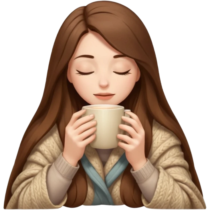 long brown hair woman closed eyes hiding under a cozy wool beige blanket, holding cup of coffee, autumn mood emoji