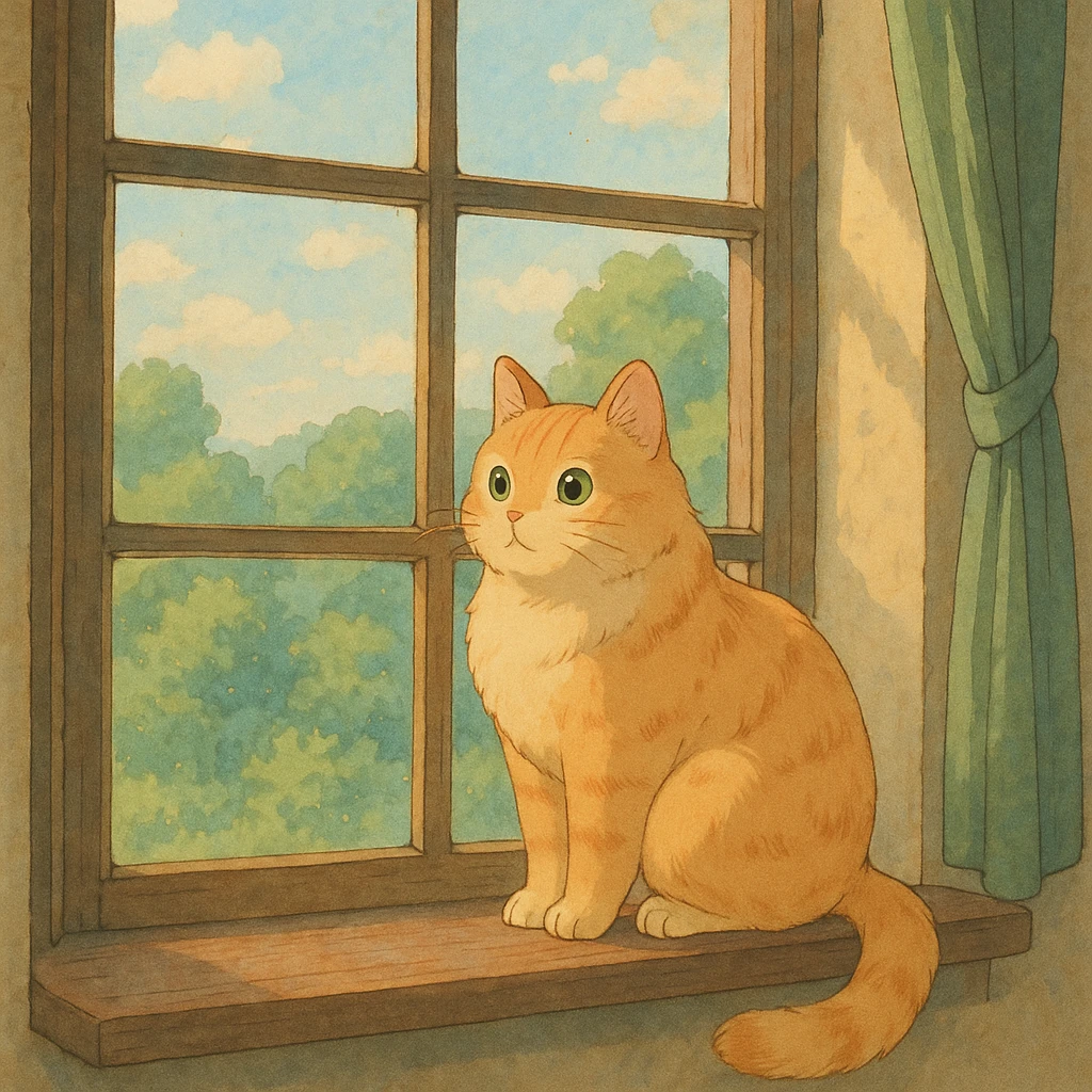 cat sitting on a windowsill in ghibli style, detailed, soft colors, whimsical atmosphere emoji