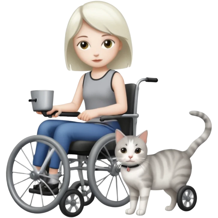 disabled grey and white small cat using cat wheelchair emoji