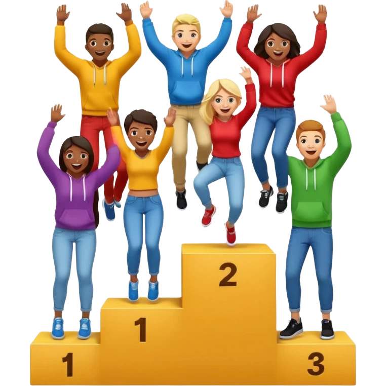 multi-racial people in colorful jeans t-shirts and hoodies on a winners’ podium with middle step higher, no numbers, one person jumping, excited fun expressive emoji style emoji
