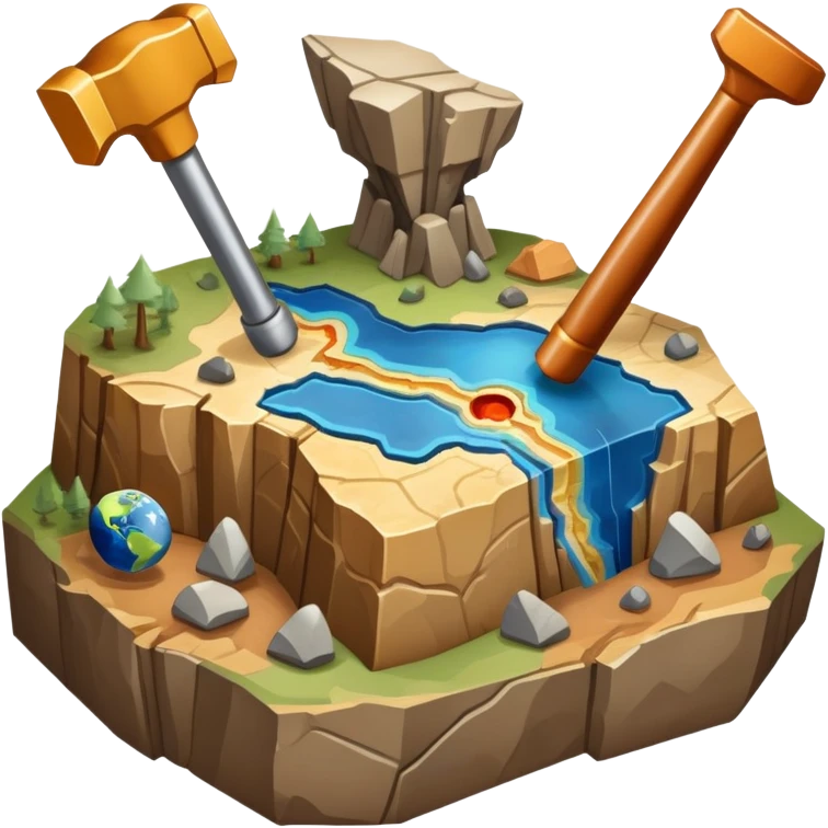 An icon featuring a rock hammer, a geological map, and layers of Earth’s crust, symbolizing geology. The design includes mineral samples, fossils, and tectonic plates, representing the study of Earth’s structure and natural processes. Transparent background highlights geological exploration emoji