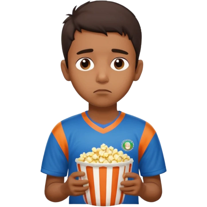 an indian boy wearing INDIAN cricket jersey and eating popcorn and looking sad emoji