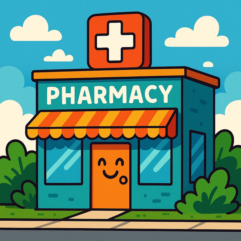 pharmacy building with red cross sign, cartoon style, welcoming look emoji
