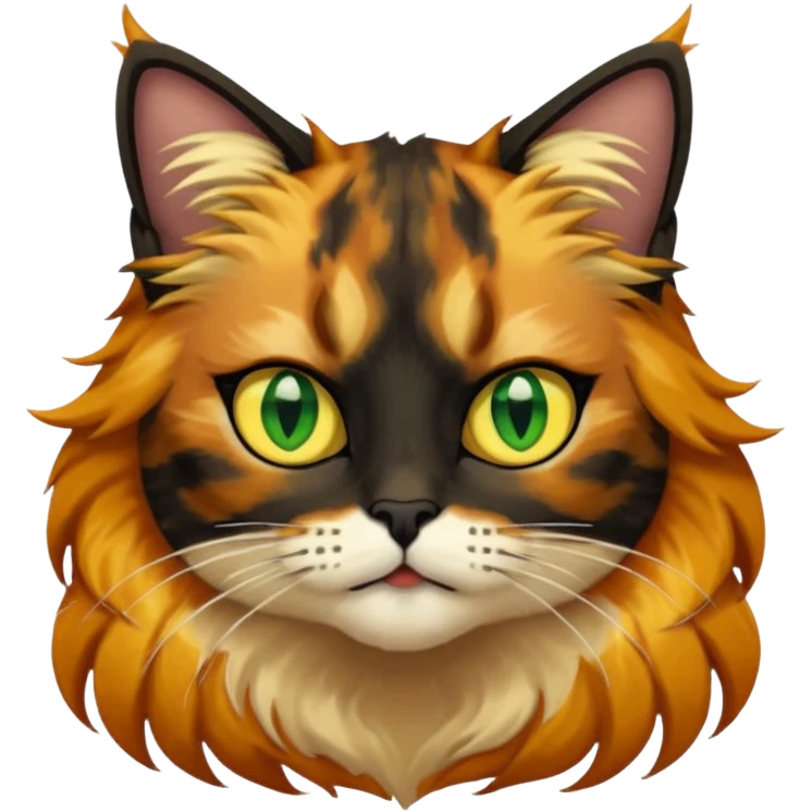 long hair tortoiseshell cat with a black face and yellow lightning mark above left eye emoji