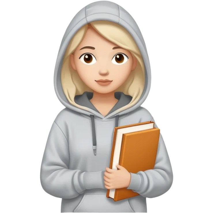 A flat-style illustration of a woman college student with a tote bag over her shoulder and a book in one hand. The student wears a hoodie. Clean cartoon style, white background, iOS emoji aesthetic. emoji