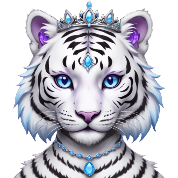 ESO Female white/black tiger khajiit leader of the umbral rose, glowing blue eyes, glowing blue 'third eye' gem; purple gemmed silver tiara emoji