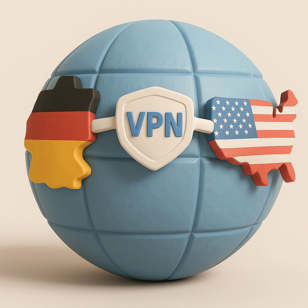 Transform this globe with VPN and a connection between Germany and USA into a more realistic 3D style with shading and depth, while keeping the playful elements intact. Add 3D shading and depth to enhance realism but maintain the fun and approachable vibe. emoji
