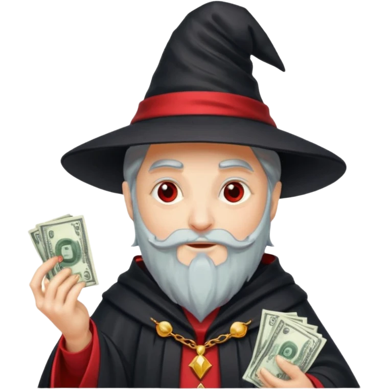 gorro negro, con tira roja, de mago lleno de dolares emoji