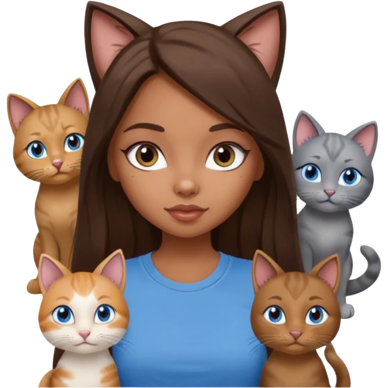 a pretty bratz dusky girl with long brown hair, blue eyes with six cats nd wearing a grey tshirt emoji