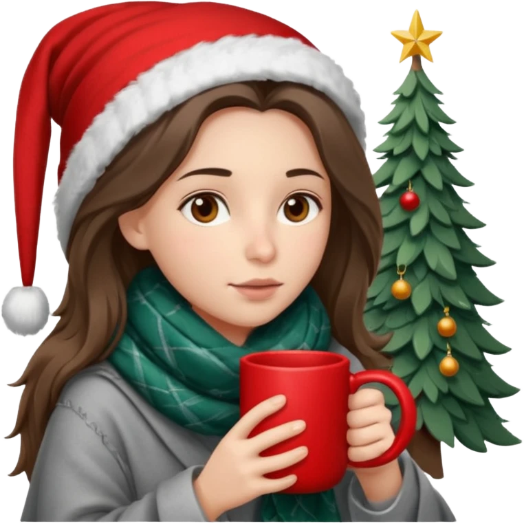 Brown eyes, fair skin, hooked nose, full lips, long hair down to her shoulders, wrapped in a gray blanket, drinking from a red mug with a Christmas tree emoji