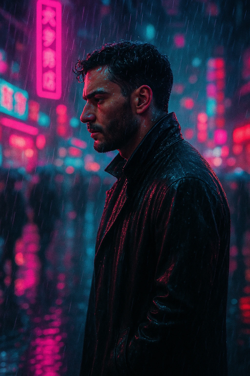 Transform the person in the reference image into a cinematic cyberpunk portrait. Depict a man walking through a neon-lit futuristic city at night with heavy rain, wearing a soaked trench coat. Show neon reflections on the wet street, dramatic side profile, and a serious expression. Use vibrant pink and blue ambient lighting from neon signs, a busy urban street with motion blur of rushing crowd, and shallow depth of field. Emulate a shot on 35mm film with a 35mm lens, aperture f/1.4. Lighting should include ambient neon and rim lighting. Colors to emphasize neon cyan, magenta, purple, electric blue, and hints of deep red. Convey an introspective, tense, noir detective mood with a moody Blade Runner atmosphere. Add analog film grain and slight chromatic aberration in post-processing. emoji