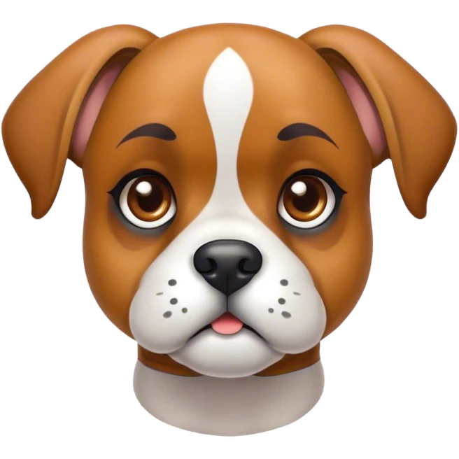 Cinematic Cute Fawn Boxer dog Portrait Emoji, Head tilted playfully and inquisitively, with a glossy fawn Fur highlighted by a white muzzle and chest, round, sparkling brown eyes filled with curiosity, Simplified yet irresistibly adorable features, highly detailed, glowing with a warm, friendly glow, high shine, affectionate and lively, stylized with a touch of whimsy, bright and endearing, soft glowing outline, capturing the essence of a mischievous yet loving pup, so playful it feels like it could bound out of the screen and into your arms! emoji