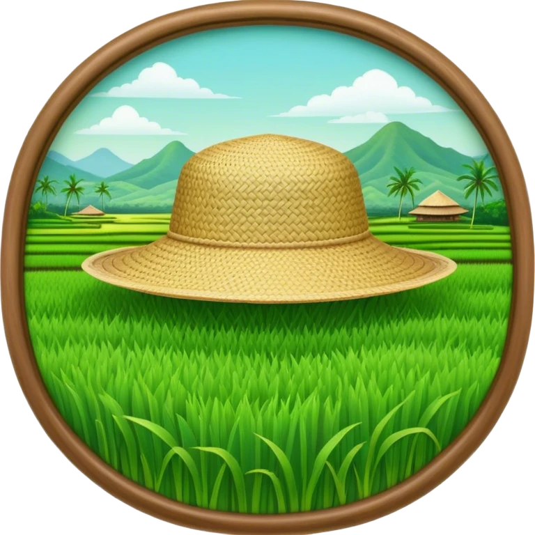 Cinematic Realistic image of a traditional rice farmer's hat, crafted from woven natural fibers with delicate texture details, set against a lush backdrop of vibrant green rice paddies under gentle, early morning light that evokes rural tradition. emoji