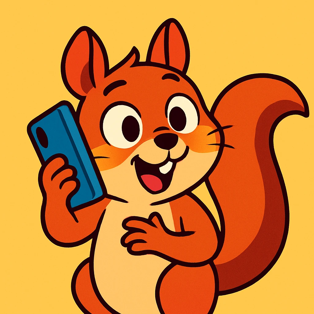 a cute squirrel holding a phone to its ear, as if calling someone, expressive face, simple background, vibrant toon style, modern cartoon illustration emoji