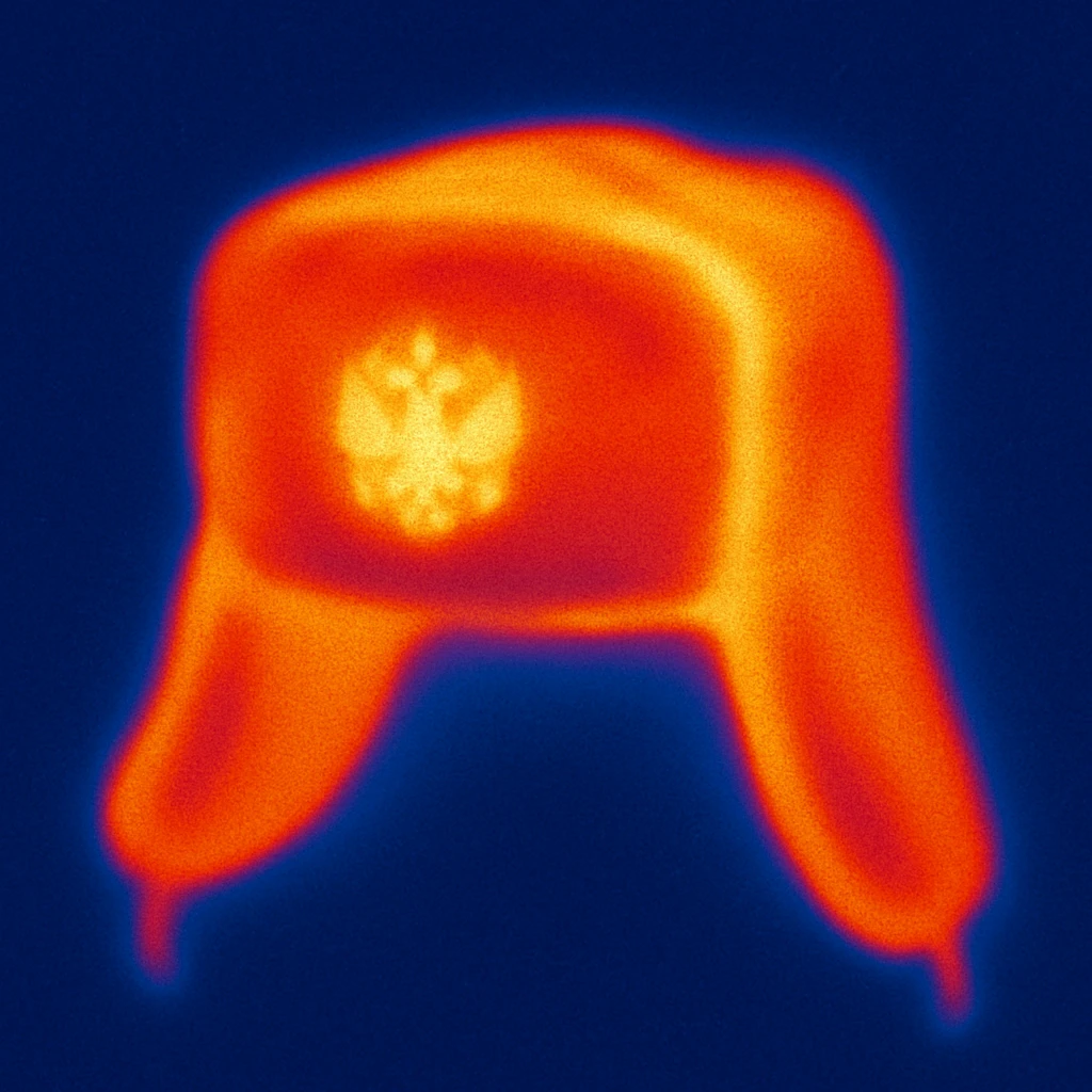 Russian hat ushank with the small coat of arms of Russia, with background, thermal camera style emoji