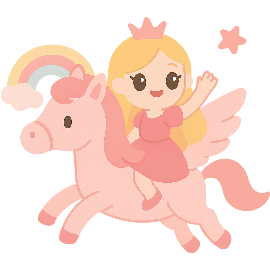 Barbie flying horse princess, flying horse soaring, Barbie princess waving, rainbow elements, fairy tale style, pink main color emoji