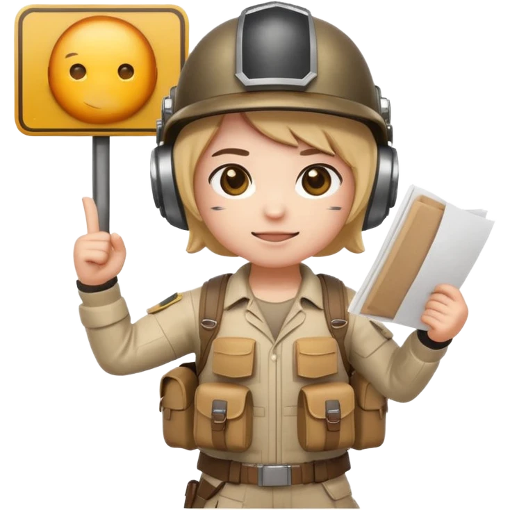 Create a cute emoji-style PUBG Mobile character, chibi version with helmet and backpack, standing in victory pose, holding a blank white sign or paper sheet in both hands in front of chest, ready for text, clean white background, simple emoji design” emoji