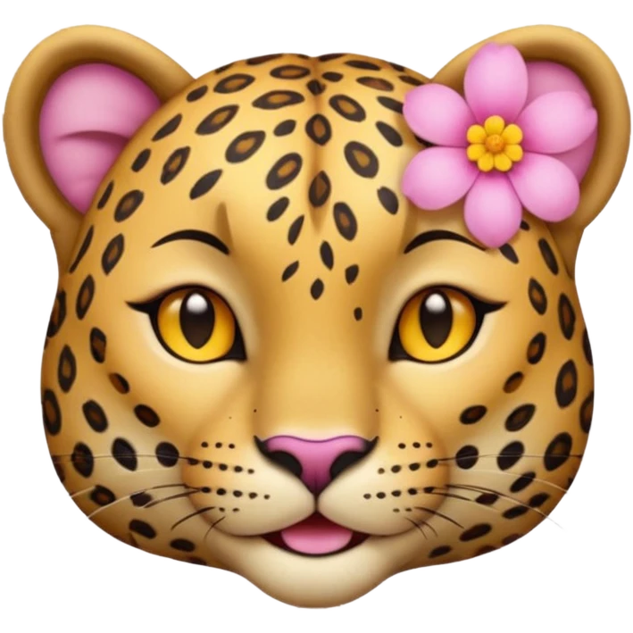 A cutE leopard face with eyes closed and a peaceful smile. A pink flower with a yellow center is tucked behind its right ear, adding a charming and gentle touch.  emoji