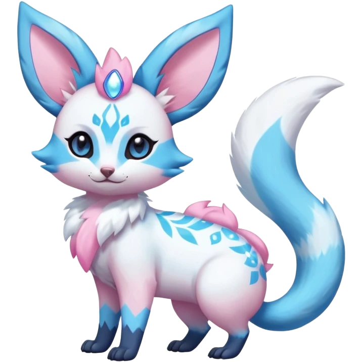 Rare realistic cute adorable epic aesthetic colorful Amaura-Sylveon-Glaceon-Civet-Genet-species-Fakemon-hybrid-creature, with markings, full body emoji