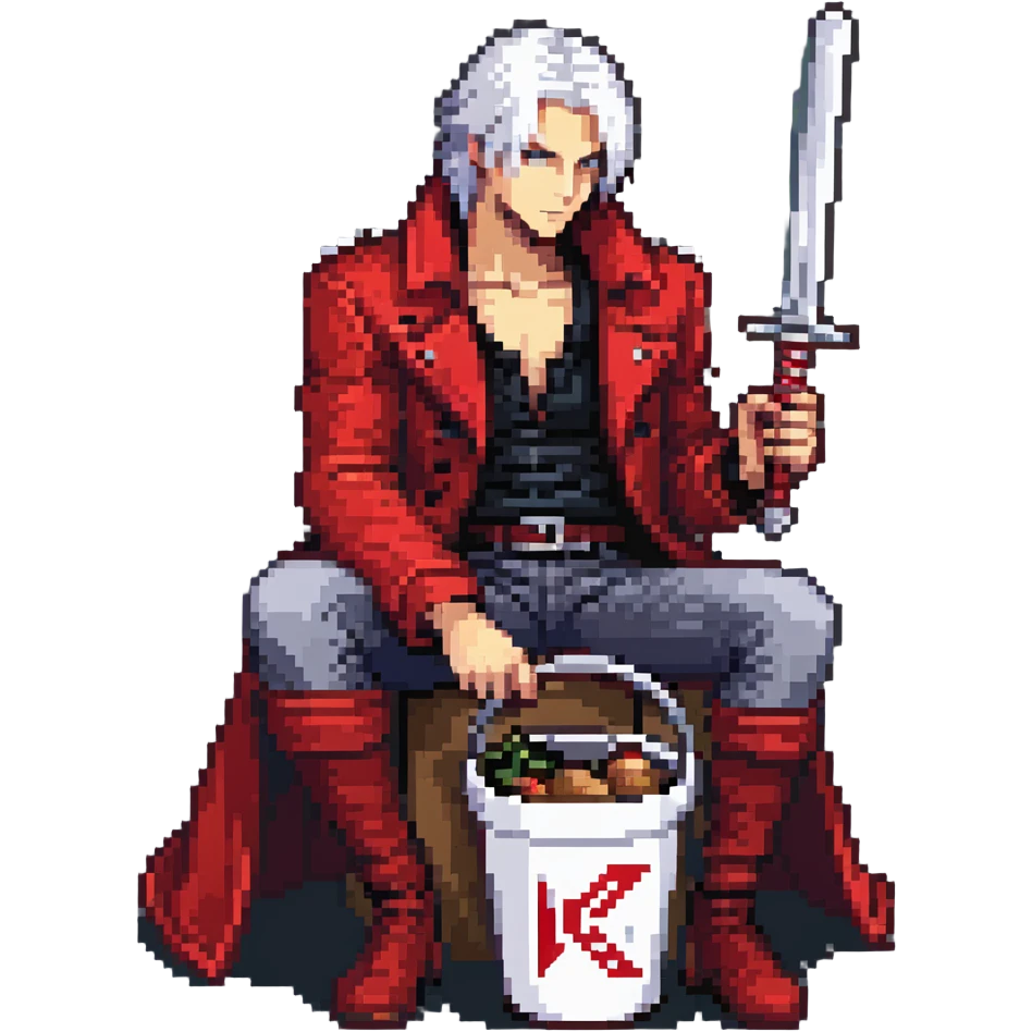 Dante from Devil May Cry sitting in a KFC bucket, red coat, white hair, rebellion sword emoji