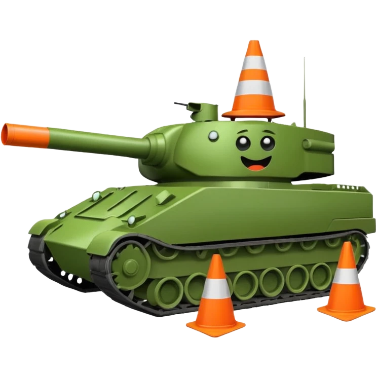 green military tank with an evil face, with a traffic cone with a sad face flattened under its treads, emoji style emoji