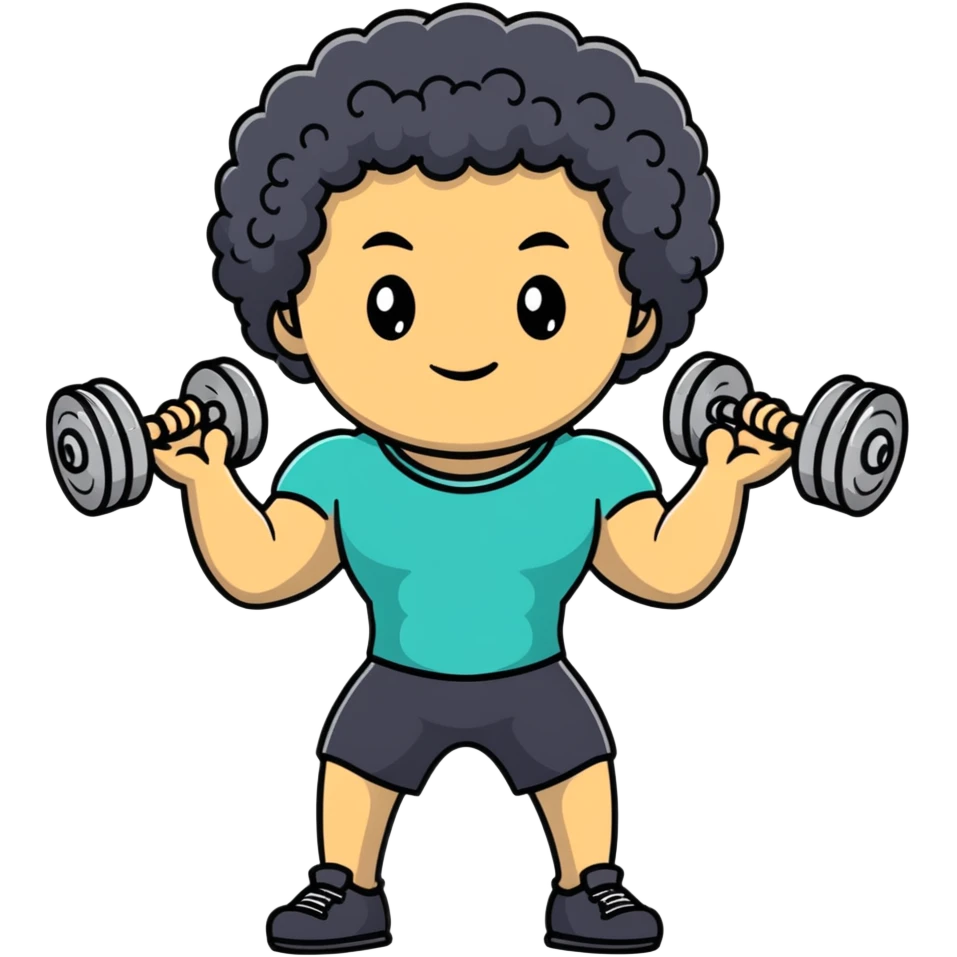 curly haired boy at gym with dumbbells emoji