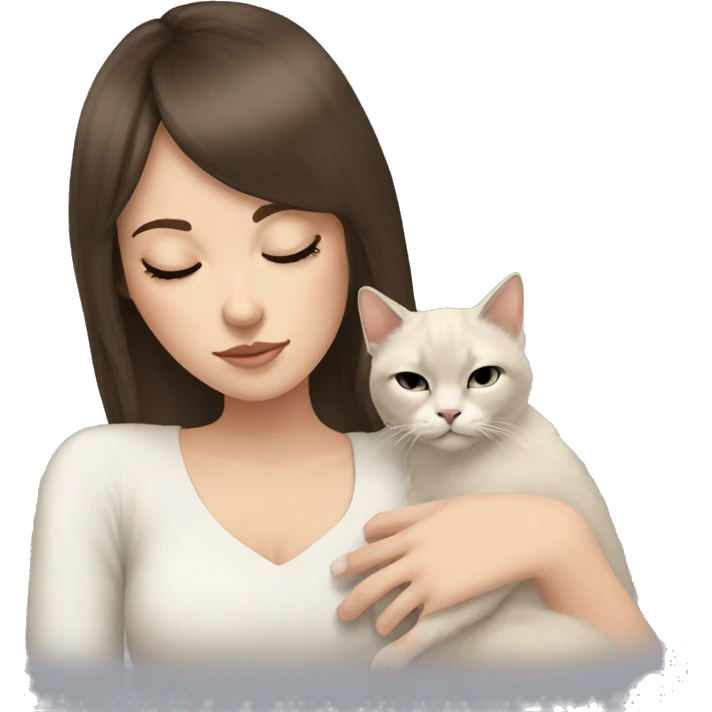brunette white girl with bangs sleeping with her fluffy siamese cat emoji