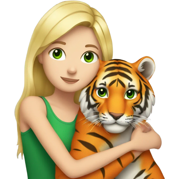 A blonde white girl with green eyes hugs an orange tiger emoji