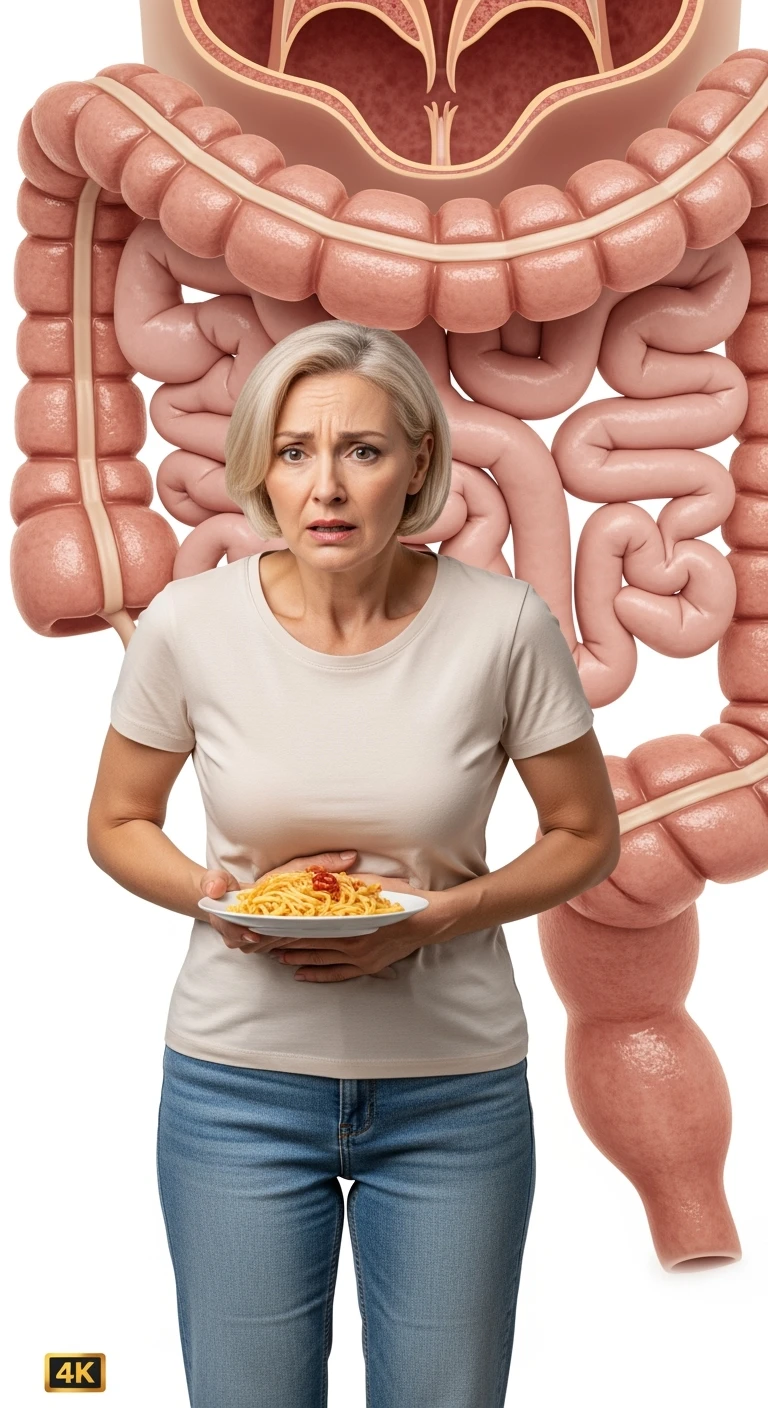 DONNA CHE TIENE UN PIATTO DI PASTA IN MANO MANGIATO PER METà, HA MAL DI PANCIA E INTESTINO UMANO ANATOMICO REALISTICO IN EVIDENZA, iperrealistico 4k, ISOLATA SU SFONDO BIANCO emoji