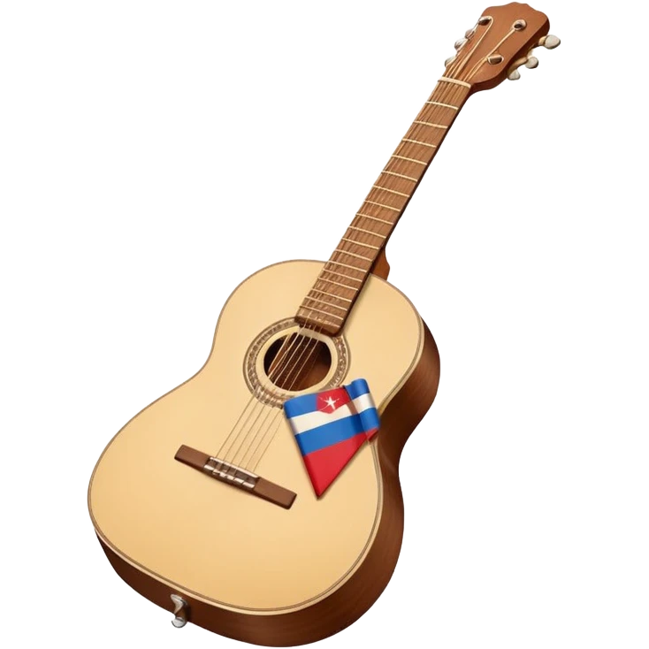 “Flat vector icon of a Cuban tres guitar in three-quarter view, warm brown wood with 3 string courses, thick outline, centered on a warm cream or beige rounded-square (or circle); add a small simplified Cuban flag (blue, red, white) on the soundboard like a sticker.  emoji