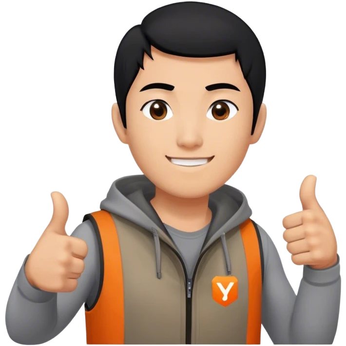 Black hair asian man giving a thumbs up. Wearing a grey shirt unhooded vest that has a very small logo on it, which shows a square in solid orange color and a simple white capitalized "Y" inside of it. emoji